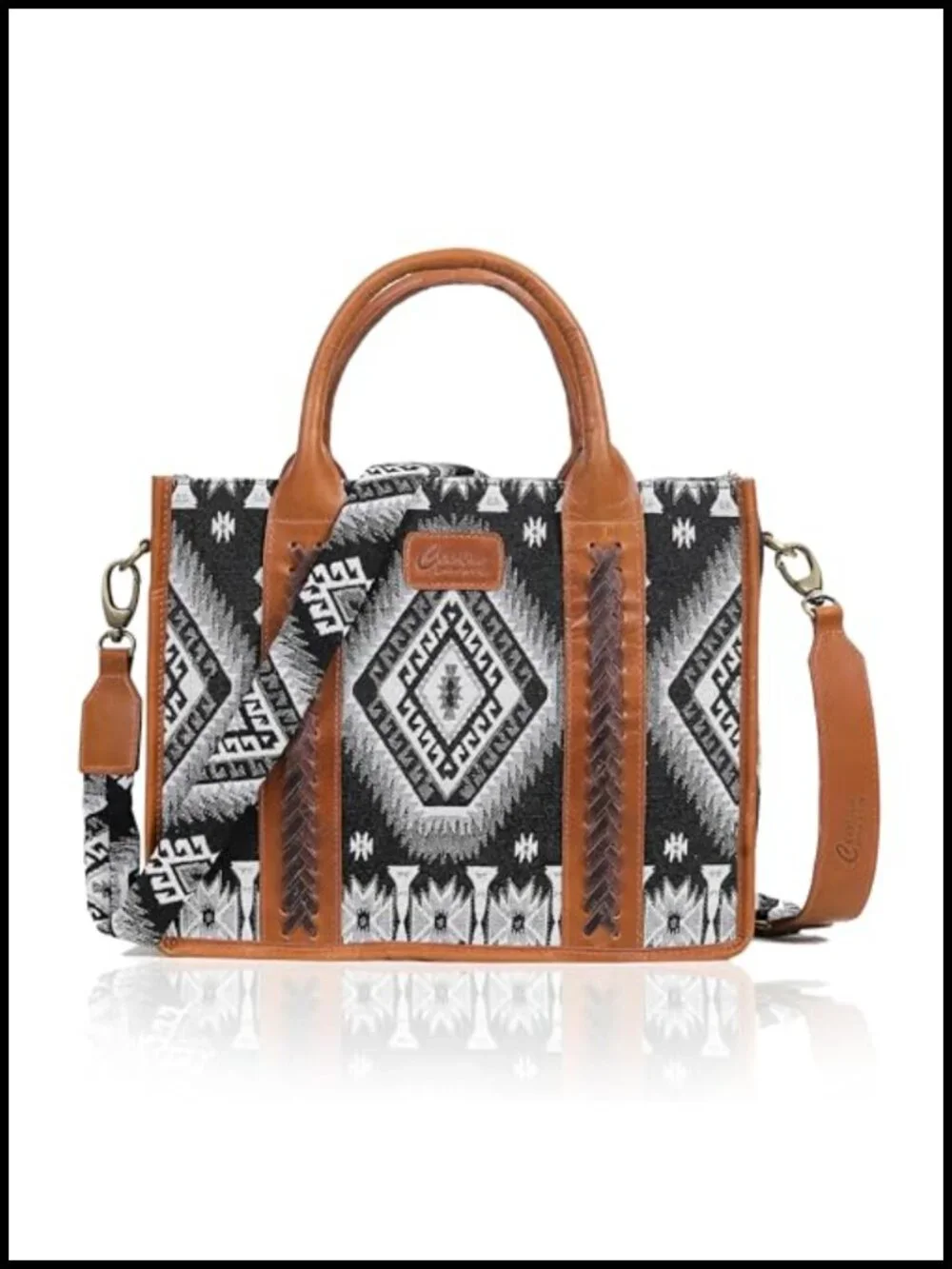 Boho Tote Bag with Leather Accents, Aztec Canvas Shoulder Bag, Laptop Handbag,
